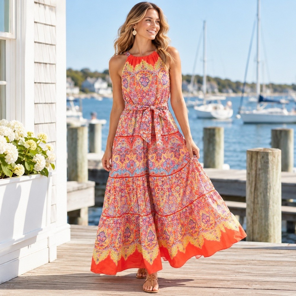 Talbots Tiered Halter Maxi Dress 8 Orange Medallion Paisley Sleeveless Cottage